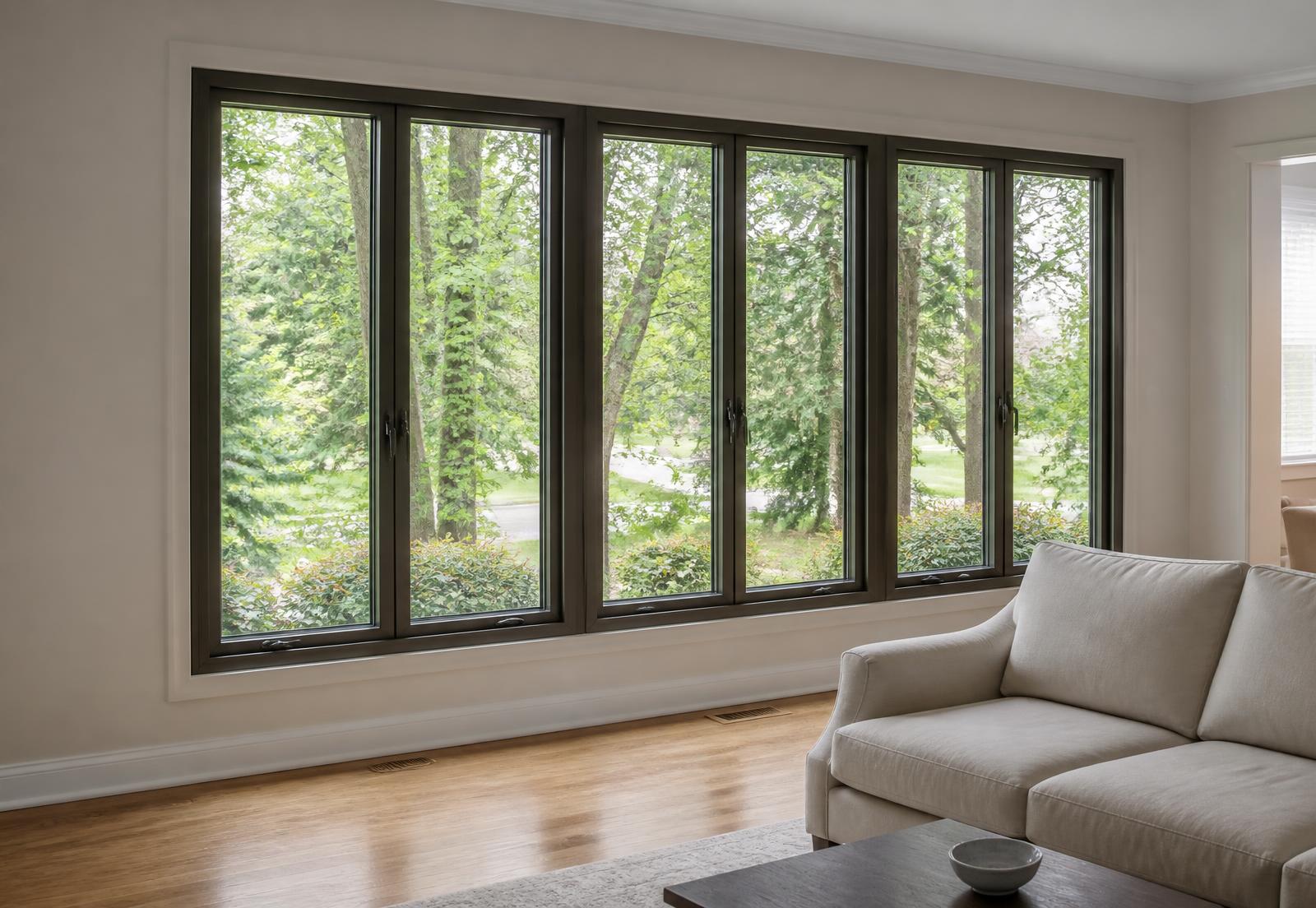 Finished interior view of slim bronze aluminum casement windows in a New Jersey living room